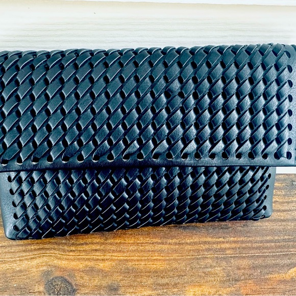 Handbags - Vegan-leather Clutch or Crossbody. Black woven “leather”. Gold chain strap.